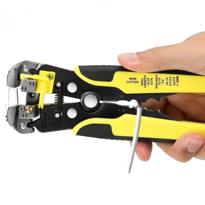 Cleste Automat Pentru Sertizat, Dezizolat si Taiere Cabluri Profesional SUPER TRENDS®, Multifunctional, 3 in 1, Maner Ergonomic, Reglaj Automat, Galben - Negru [4]
