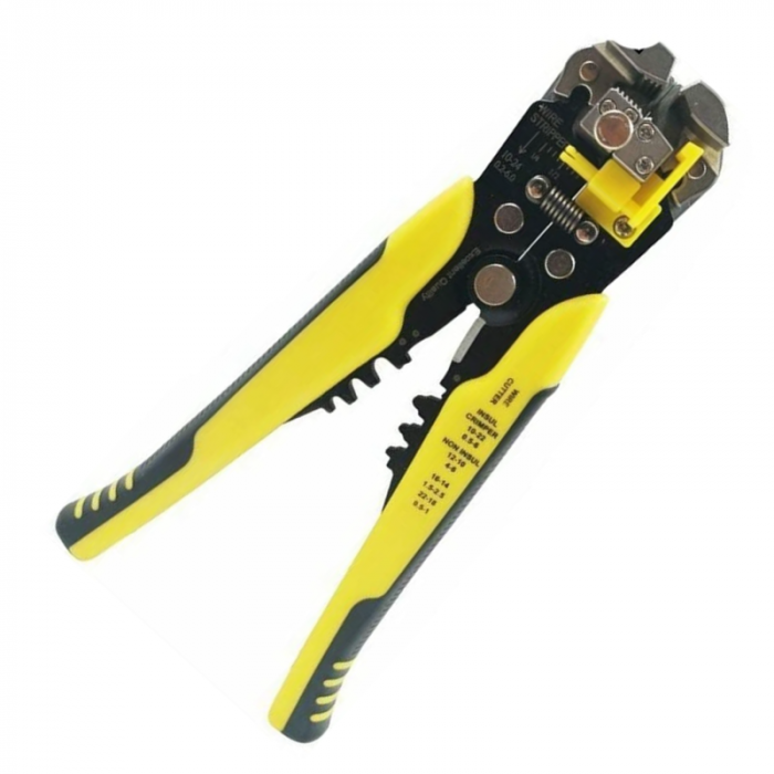 Cleste Automat Pentru Sertizat, Dezizolat si Taiere Cabluri Profesional SUPER TRENDS®, Multifunctional, 3 in 1, Maner Ergonomic, Reglaj Automat, Galben - Negru [1]