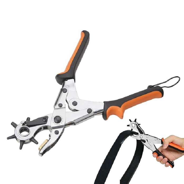 Cleste de Perforat Pielea Pivotant Profesional SUPER TRENDS® cu 6 Capete Pentru Gaurit de 2, 2, 5, 3, 3, 5, 4, 4, 5 mm, Catarama de Fixare Pentru Manere, Portocaliu-Negru [8]