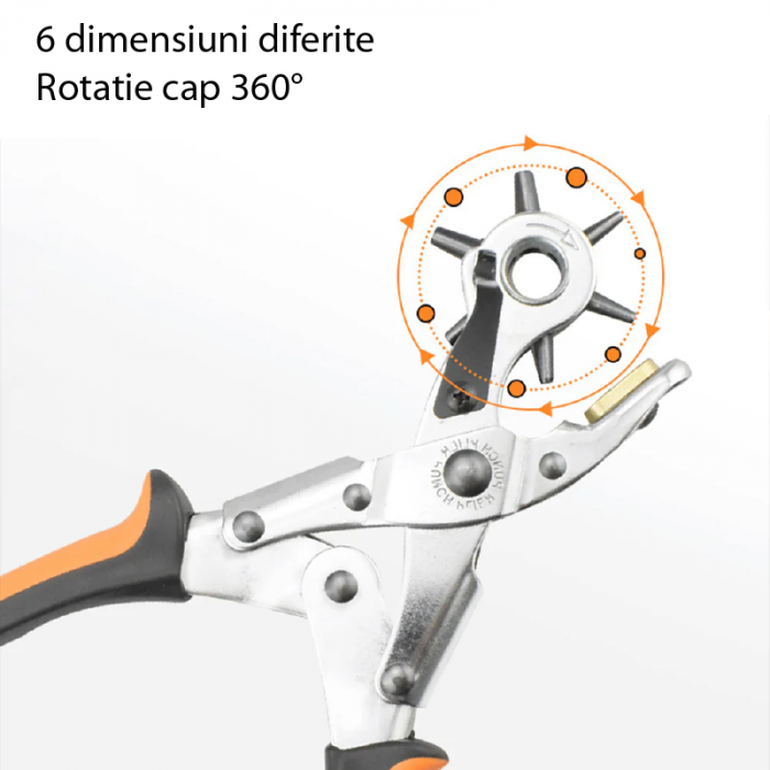 Cleste de Perforat Pielea Pivotant Profesional SUPER TRENDS® cu 6 Capete Pentru Gaurit de 2, 2, 5, 3, 3, 5, 4, 4, 5 mm, Catarama de Fixare Pentru Manere, Portocaliu-Negru [6]