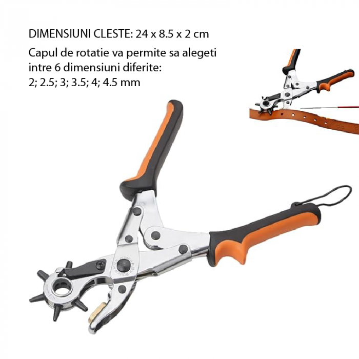 Cleste de Perforat Pielea Pivotant Profesional SUPER TRENDS® cu 6 Capete Pentru Gaurit de 2, 2, 5, 3, 3, 5, 4, 4, 5 mm, Catarama de Fixare Pentru Manere, Portocaliu-Negru [2]