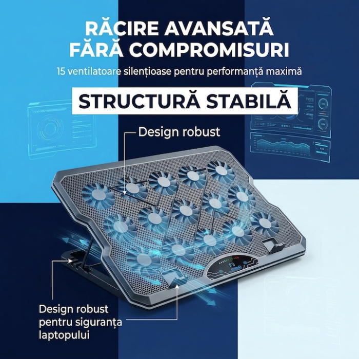 Cooler Laptop Cu 15 Ventilatoare Silentioase, Cooler Laptop Reglabil Ergonomic 7 Trepte, Suport Racire Laptop Pana La 17.3 Inch, Stand Laptop Cu Racire Eficienta, Suport Laptop Cu Ventilatie Puternica Si Suport Telefon Integrat [10]