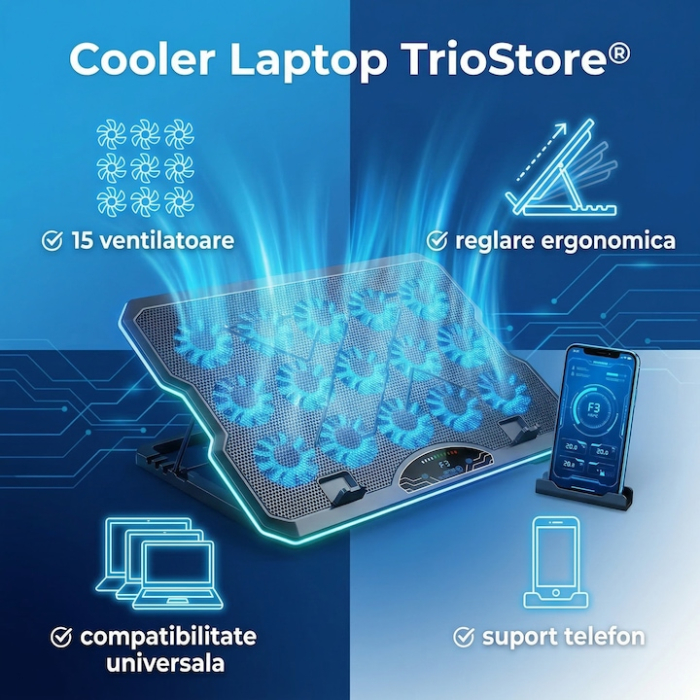 Cooler Laptop Cu 15 Ventilatoare Silentioase, Cooler Laptop Reglabil Ergonomic 7 Trepte, Suport Racire Laptop Pana La 17.3 Inch, Stand Laptop Cu Racire Eficienta, Suport Laptop Cu Ventilatie Puternica Si Suport Telefon Integrat [4]