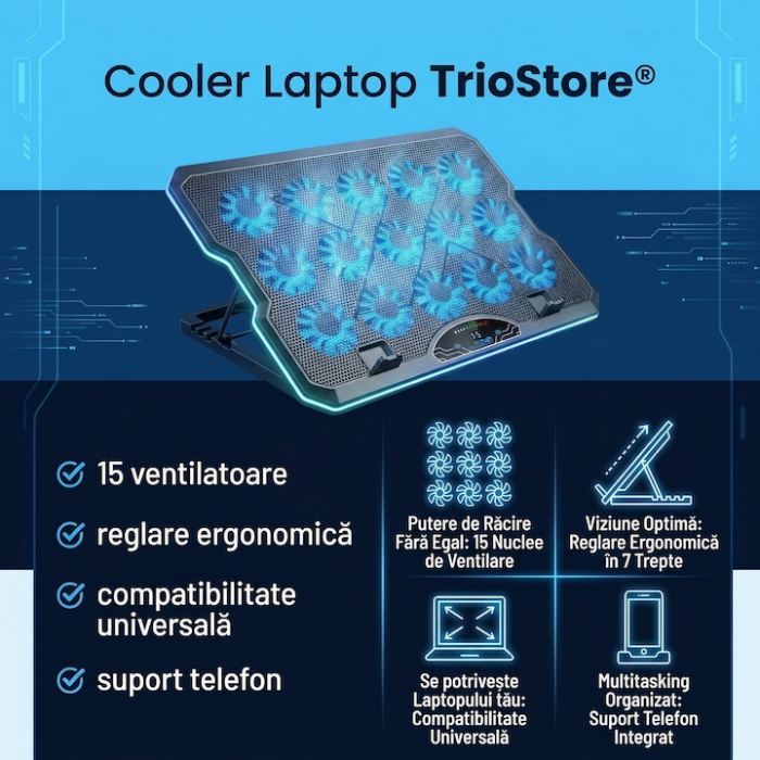 Cooler Laptop Cu 15 Ventilatoare Silentioase, Cooler Laptop Reglabil Ergonomic 7 Trepte, Suport Racire Laptop Pana La 17.3 Inch, Stand Laptop Cu Racire Eficienta, Suport Laptop Cu Ventilatie Puternica Si Suport Telefon Integrat [9]