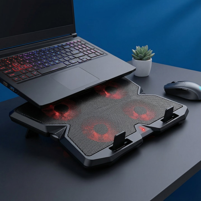 Cooler Laptop Gaming Si Office Cu 4 Ventilatoare LED, Cooler Laptop Cu Viteza Reglabila Si Racire Silentioasa 25 dB, Cooler Laptop Compatibil 11–18 Inch Cu Port USB Dublu, Design Ergonomic, Grilaj Protectie, Negru [12]
