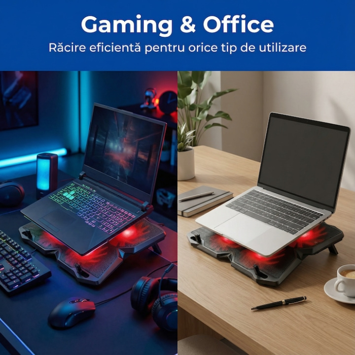 Cooler Laptop Gaming Si Office Cu 4 Ventilatoare LED, Cooler Laptop Cu Viteza Reglabila Si Racire Silentioasa 25 dB, Cooler Laptop Compatibil 11–18 Inch Cu Port USB Dublu, Design Ergonomic, Grilaj Protectie, Negru [7]