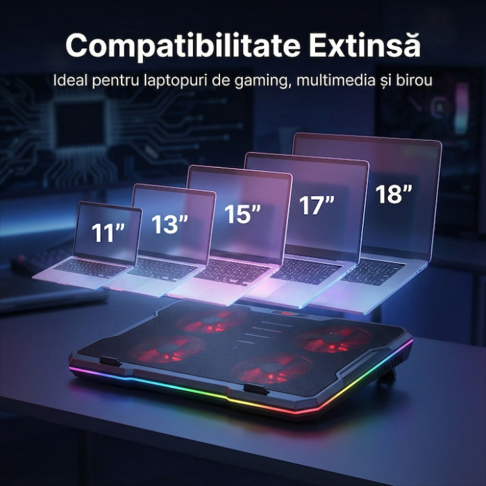 Cooler Laptop Gaming Si Office Cu 4 Ventilatoare LED, Cooler Laptop Cu Viteza Reglabila Si Racire Silentioasa 25 dB, Cooler Laptop Compatibil 11–18 Inch Cu Port USB Dublu, Design Ergonomic, Grilaj Protectie, Negru [4]