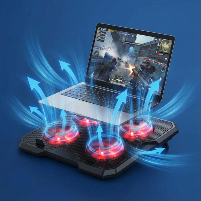 Cooler Laptop Gaming Si Office Cu 4 Ventilatoare LED, Cooler Laptop Cu Viteza Reglabila Si Racire Silentioasa 25 dB, Cooler Laptop Compatibil 11–18 Inch Cu Port USB Dublu, Design Ergonomic, Grilaj Protectie, Negru [13]