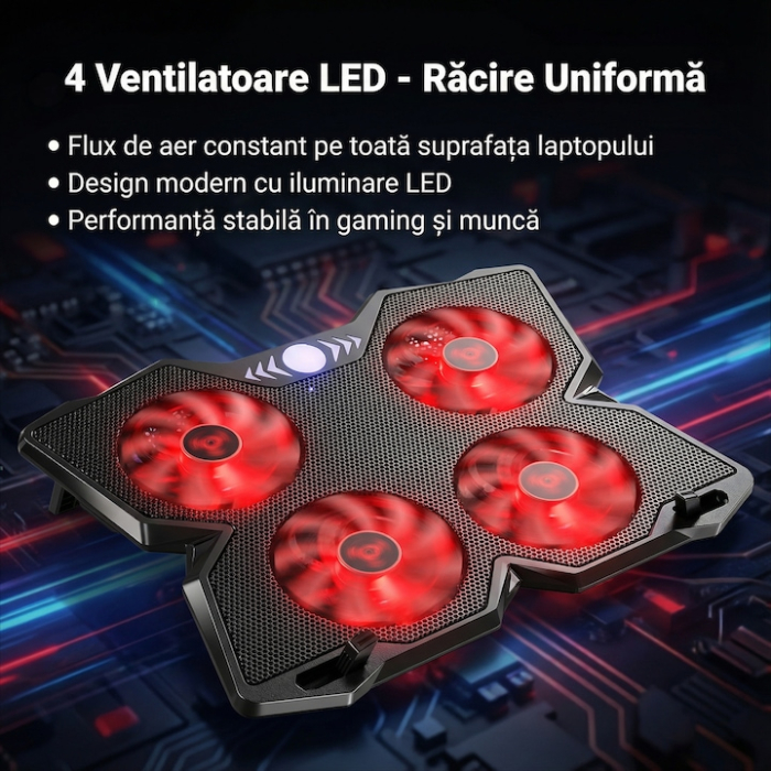 Cooler Laptop Gaming Si Office Cu 4 Ventilatoare LED, Cooler Laptop Cu Viteza Reglabila Si Racire Silentioasa 25 dB, Cooler Laptop Compatibil 11–18 Inch Cu Port USB Dublu, Design Ergonomic, Grilaj Protectie, Negru [9]