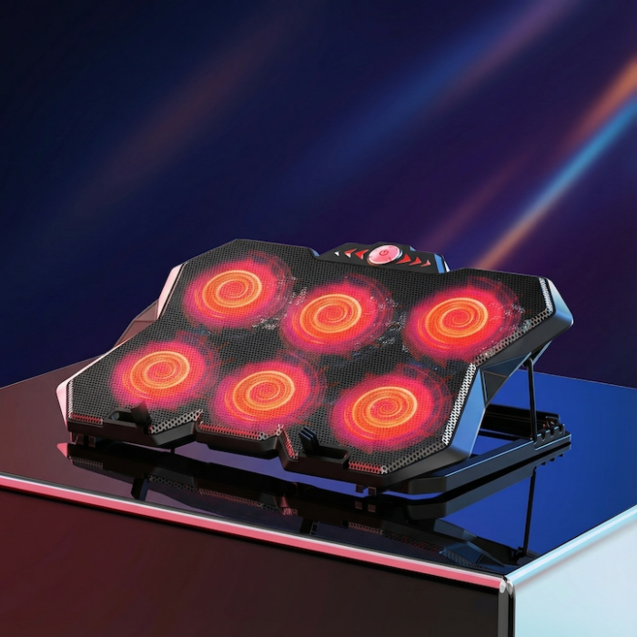 Cooler Stand Laptop Cu 6 Ventilatoare Si Viteza Reglabila A Turatiilor, Cooler Laptop Universal Pana La 18 Inch Ajustabil, Cooler Laptop Cu 2 Porturi USB, Design Ergonomic, Negru [18]