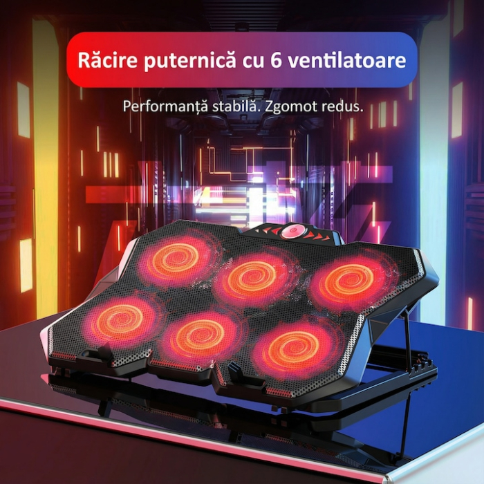Cooler Stand Laptop Cu 6 Ventilatoare Si Viteza Reglabila A Turatiilor, Cooler Laptop Universal Pana La 18 Inch Ajustabil, Cooler Laptop Cu 2 Porturi USB, Design Ergonomic, Negru [2]