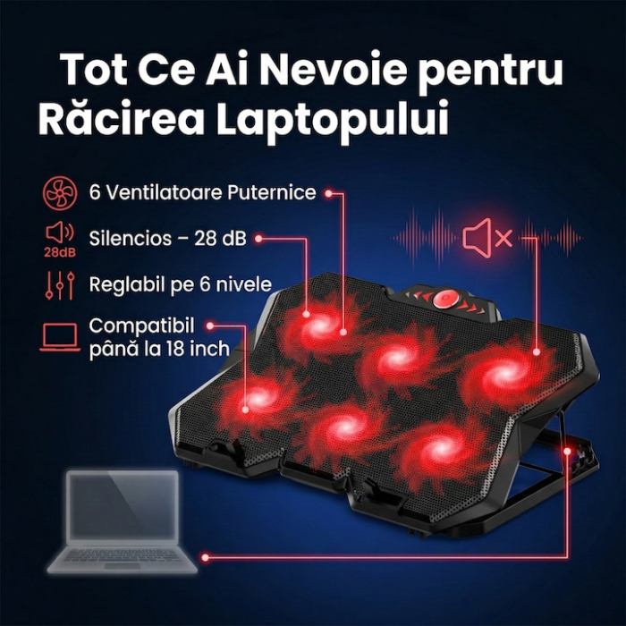 Cooler Stand Laptop Cu 6 Ventilatoare Si Viteza Reglabila A Turatiilor, Cooler Laptop Universal Pana La 18 Inch Ajustabil, Cooler Laptop Cu 2 Porturi USB, Design Ergonomic, Negru [10]
