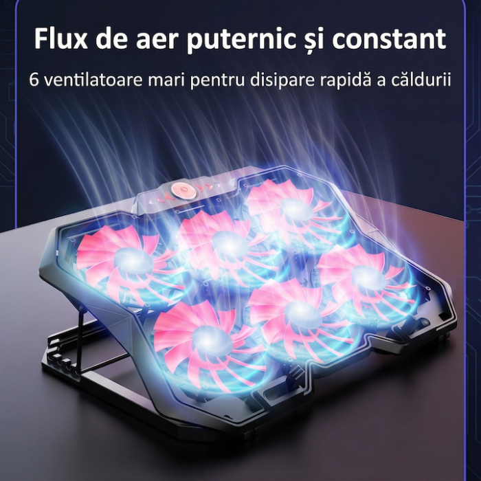 Cooler Stand Laptop Cu 6 Ventilatoare Si Viteza Reglabila A Turatiilor, Cooler Laptop Universal Pana La 18 Inch Ajustabil, Cooler Laptop Cu 2 Porturi USB, Design Ergonomic, Negru [6]
