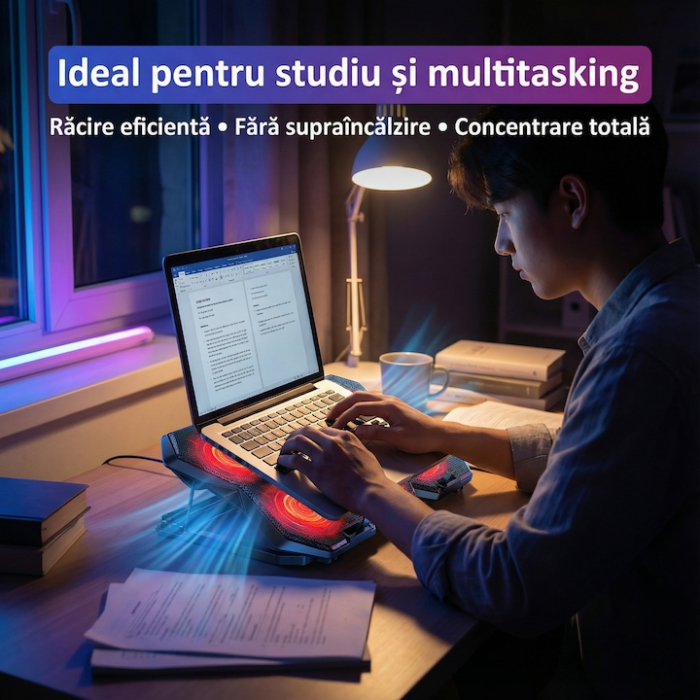 Cooler Stand Laptop Cu 6 Ventilatoare Si Viteza Reglabila A Turatiilor, Cooler Laptop Universal Pana La 18 Inch Ajustabil, Cooler Laptop Cu 2 Porturi USB, Design Ergonomic, Negru [9]
