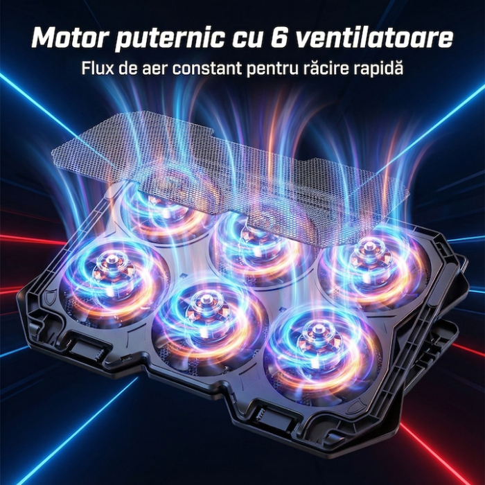 Cooler Stand Laptop Cu 6 Ventilatoare Si Viteza Reglabila A Turatiilor, Cooler Laptop Universal Pana La 18 Inch Ajustabil, Cooler Laptop Cu 2 Porturi USB, Design Ergonomic, Negru [12]