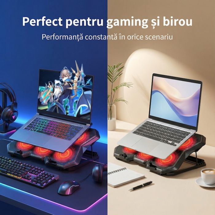 Cooler Stand Laptop Cu 6 Ventilatoare Si Viteza Reglabila A Turatiilor, Cooler Laptop Universal Pana La 18 Inch Ajustabil, Cooler Laptop Cu 2 Porturi USB, Design Ergonomic, Negru [7]