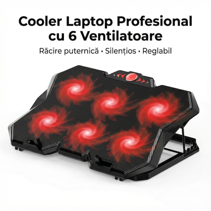 Cooler Stand Laptop Cu 6 Ventilatoare Si Viteza Reglabila A Turatiilor, Cooler Laptop Universal Pana La 18 Inch Ajustabil, Cooler Laptop Cu 2 Porturi USB, Design Ergonomic, Negru [22]