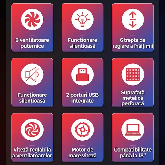 Cooler Stand Laptop Cu 6 Ventilatoare Si Viteza Reglabila A Turatiilor, Cooler Laptop Universal Pana La 18 Inch Ajustabil, Cooler Laptop Cu 2 Porturi USB, Design Ergonomic, Negru [13]