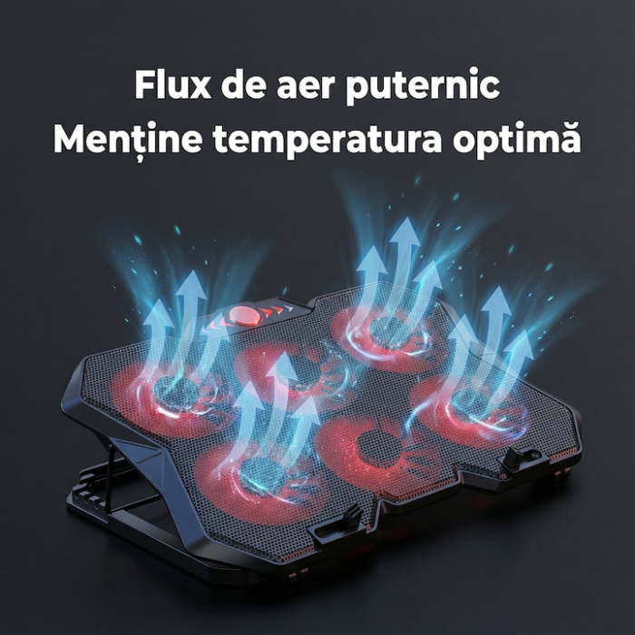 Cooler Stand Laptop Cu 6 Ventilatoare Si Viteza Reglabila A Turatiilor, Cooler Laptop Universal Pana La 18 Inch Ajustabil, Cooler Laptop Cu 2 Porturi USB, Design Ergonomic, Negru [5]