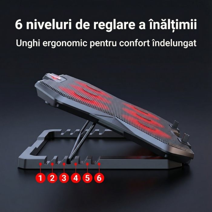 Cooler Stand Laptop Cu 6 Ventilatoare Si Viteza Reglabila A Turatiilor, Cooler Laptop Universal Pana La 18 Inch Ajustabil, Cooler Laptop Cu 2 Porturi USB, Design Ergonomic, Negru [16]