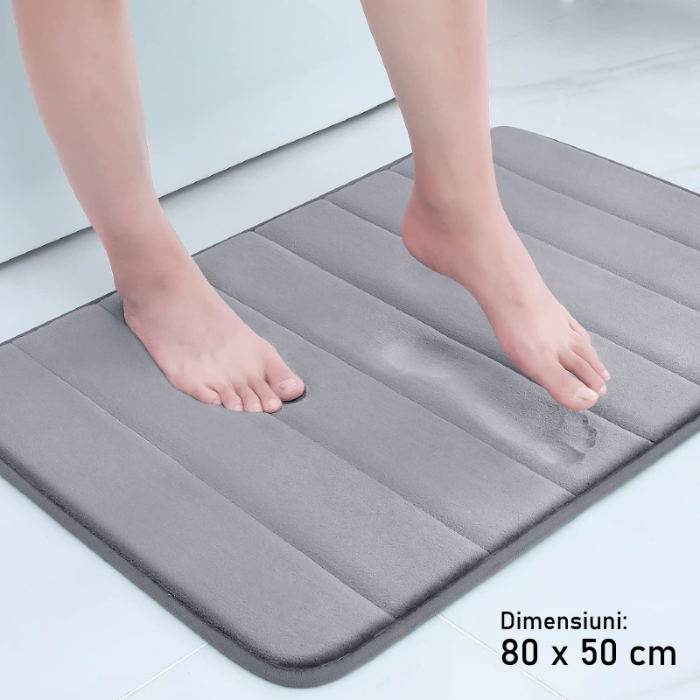 Covor de Baie cu Spuma de Memorie SUPER TRENDS®, Moale, Antiderapant, cu Baza Din Cauciuc Antialunecare, Model Dungi Gri, 50 x 80 cm [2]