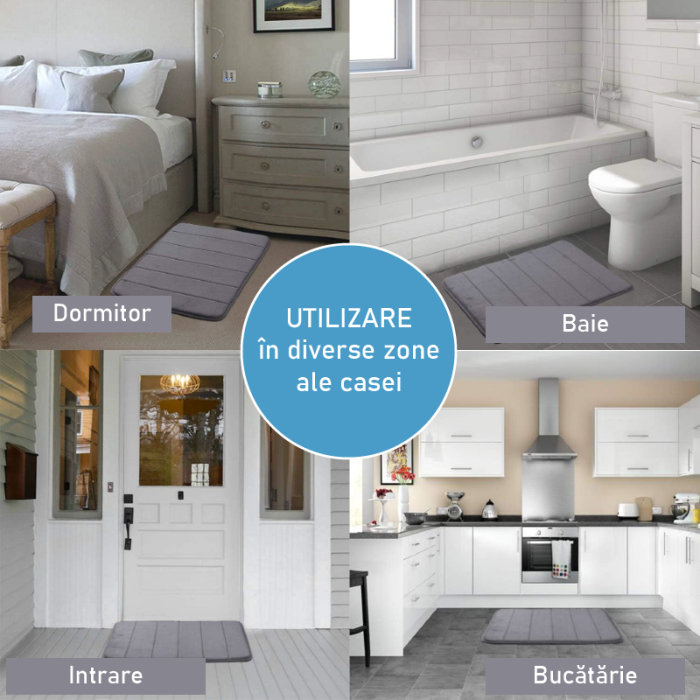 Covor de Baie cu Spuma de Memorie SUPER TRENDS®, Moale, Antiderapant, cu Baza Din Cauciuc Antialunecare, Model Dungi Gri, 50 x 80 cm [7]