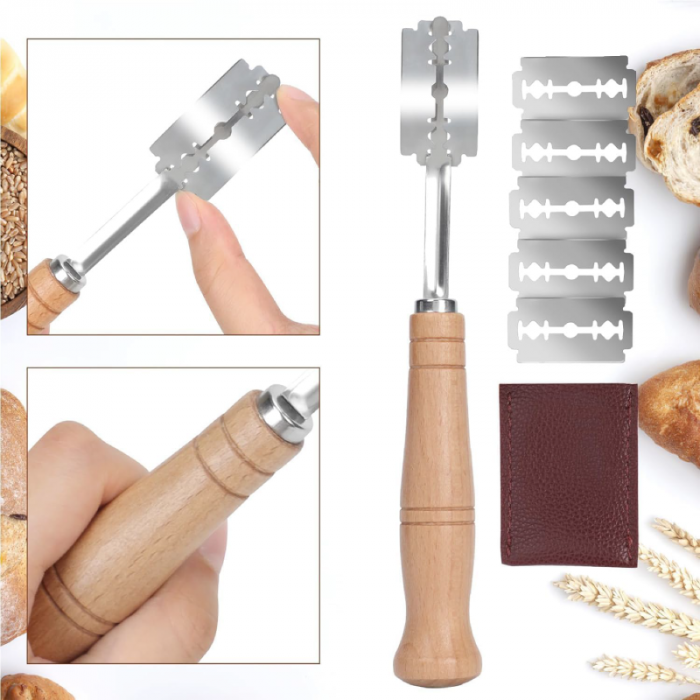 Cutit Pentru Crestarea Painii Profesional SUPER TRENDS®, cu Maner din Lemn, Otel Inoxidabil, 5 Lame, Husa, Argintiu-Maro [6]