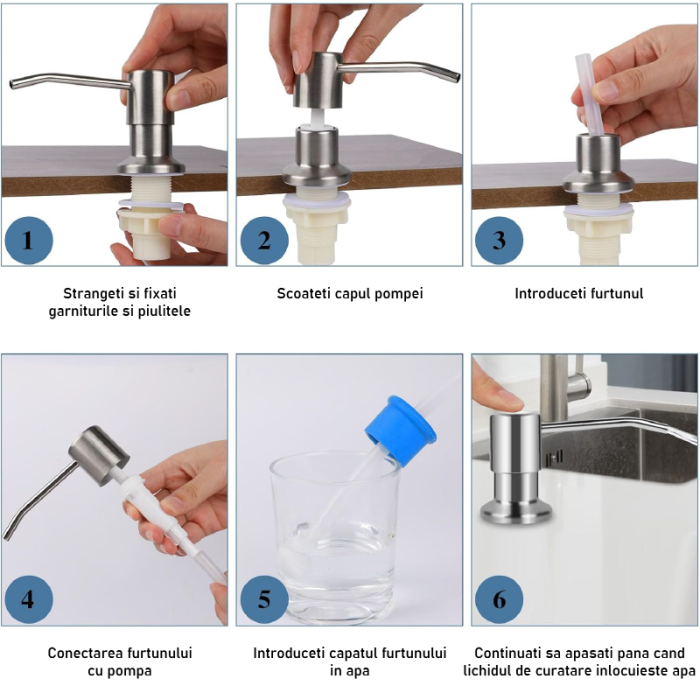 Dispenser de Sapun Pentru Chiuveta SUPER TRENDS®, Incorporabil in Blat, cu Cap de Pompa si Tub Extensibil de 100 cm, Util in Bucatarie si Baie [7]