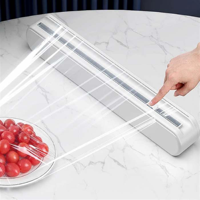 Dispenser Folie Alimentara Premium SUPER TRENDS® cu Taietor Culisant Reglabil, Baza Magnetica si Ventuze, Reutilizabil, Pentru Folie Alimentara Sau Aluminiu si Hartie de Copt, 37 x 6 x 5 cm, Alb [7]