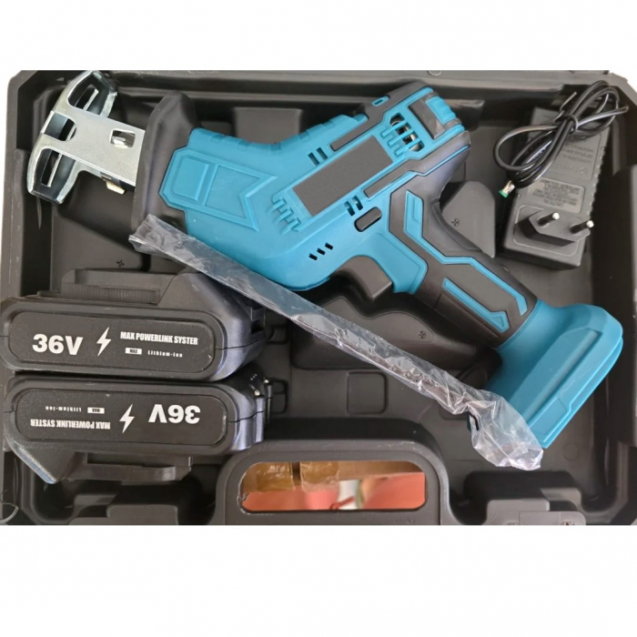 Fierastrau Electric Sabie Profesional SUPER TRENDS®, cu 2 Acumulatori 36V, Autonomie 3 Ore, 4 Panze, Pentru Multiple Materiale, Albastru [6]