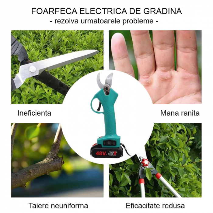 Foarfeca Electrica pentru Gradinarit Profesionala, SUPER TRENDS®, 2 Acumulatori 48V, cu Lama din Otel Carbon, Baterie 9700mAh, Valiza de Transport si Accesorii [7]