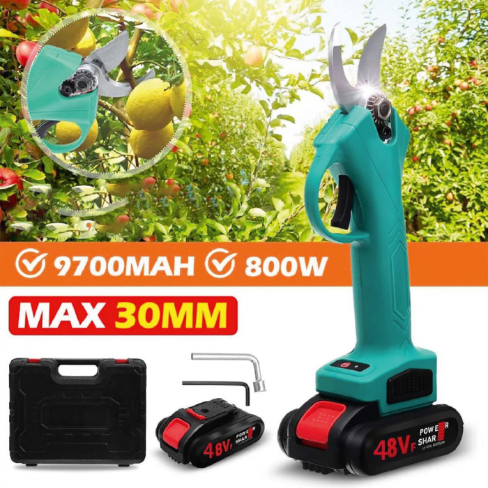 Foarfeca Electrica pentru Gradinarit Profesionala, SUPER TRENDS®, 2 Acumulatori 48V, cu Lama din Otel Carbon, Baterie 9700mAh, Valiza de Transport si Accesorii [2]