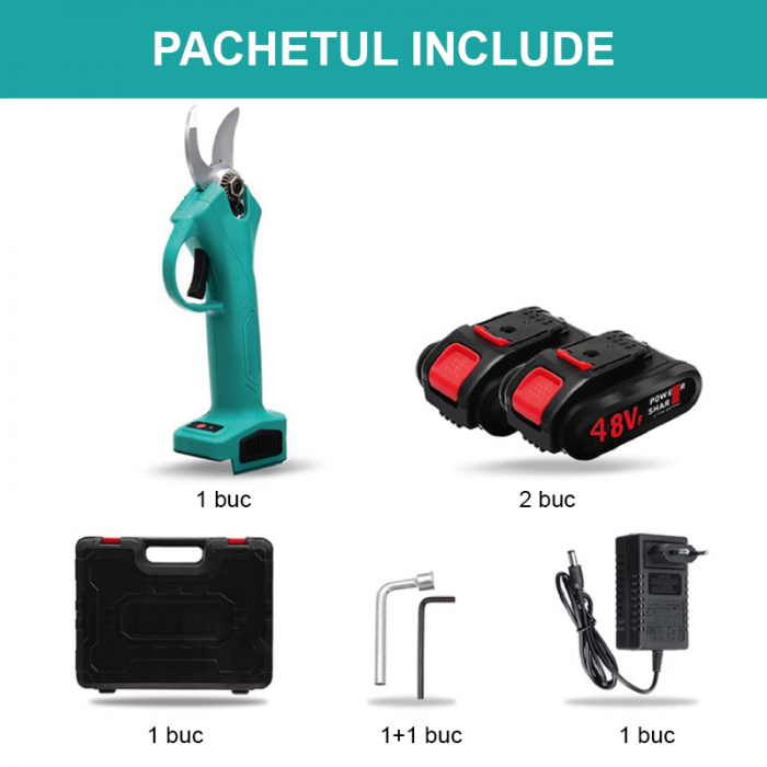Foarfeca Electrica pentru Gradinarit Profesionala, SUPER TRENDS®, 2 Acumulatori 48V, cu Lama din Otel Carbon, Baterie 9700mAh, Valiza de Transport si Accesorii [8]