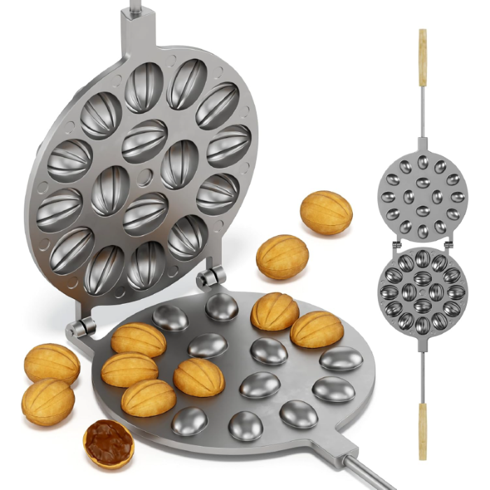 Forma de Copt cu 16 Orificii Pentru Prajituri in Forma de Nuca SUPER TRENDS®, Manere Din Lemn, Diametru 16 cm, Aluminiu, Gri [3]