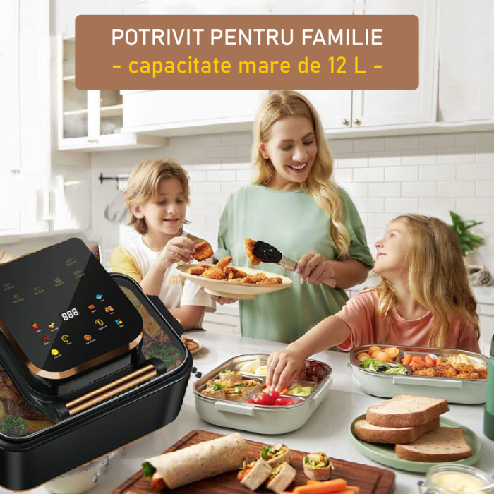 Friteuza cu Aer Cald 12 L, 2500W SUPER TRENDS®, Air Fryer cu Fereastra, Ecran Digital Tactil, 6 Programe, Temperatura 80-210°C, Negru [7]