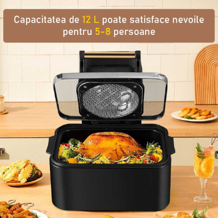 Friteuza cu Aer Cald 12 L, 2500W SUPER TRENDS®, Air Fryer cu Fereastra, Ecran Digital Tactil, 6 Programe, Temperatura 80-210°C, Negru [3]