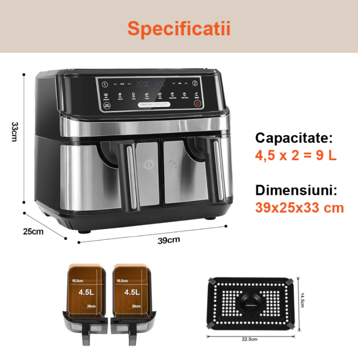 Friteuza Dubla Airfryer Fara Ulei Premium SUPER TRENDS®, Capacitate 9L, Putere 2000 W, Tehnologie Smart Chef cu 8 Programe Prestabilite + CADOU Razatoare 14 in 1 [7]