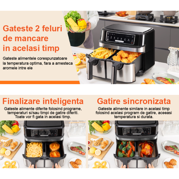 Friteuza Dubla Airfryer Fara Ulei Premium SUPER TRENDS®, Capacitate 9L, Putere 2000 W, Tehnologie Smart Chef cu 8 Programe Prestabilite + CADOU Razatoare 14 in 1 [9]