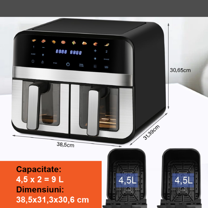 Friteuza Dubla Airfryer Fara Ulei Premium SUPER TRENDS®, Capacitate 9L, Putere 2000 W, Tehnologie Smart Chef cu 8 Programe Prestabilite, Cuve cu Fereastra, Temperatura Maxima 200˚C, Pastrare la Cald, [7]