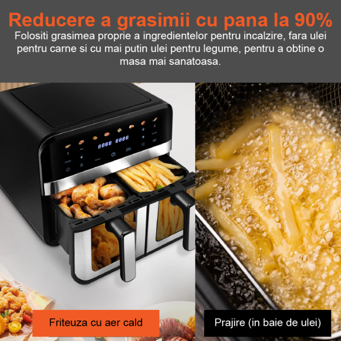 Friteuza Dubla Airfryer Fara Ulei Premium SUPER TRENDS®, Capacitate 9L, Putere 2000 W, Tehnologie Smart Chef cu 8 Programe Prestabilite, Cuve cu Fereastra, Temperatura Maxima 200˚C, Pastrare la Cald, [6]