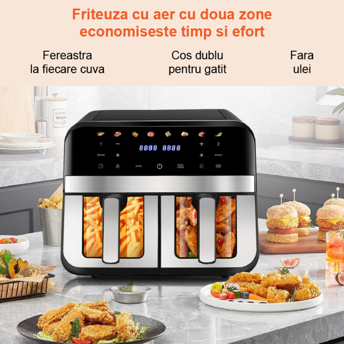 Friteuza Dubla Airfryer Fara Ulei Premium SUPER TRENDS®, Capacitate 9L, Putere 2000 W, Tehnologie Smart Chef cu 8 Programe Prestabilite, Cuve cu Fereastra, Temperatura Maxima 200˚C, Pastrare la Cald, [3]