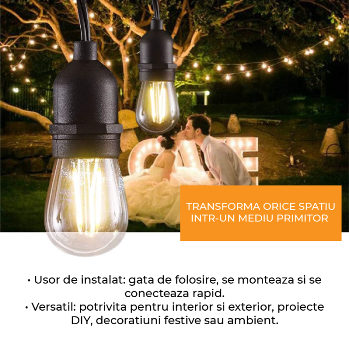 Ghirlanda Stradala Luminoasa Retro SUPER TRENDS®, Lungime 10 M, 20 Becuri LED Incluse, Fasung E27, Interconectare, IP44, Rezistenta la Intemperii, Pentru Terasă, Balcon sau Cort, Lumina Calda [6]