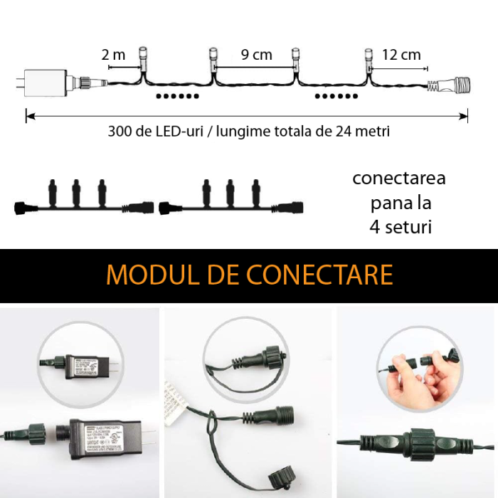 Instalatie de Craciun cu LED-uri SUPER TRENDS®, 300 LED, 24 M, 8 Moduri de Iluminare, Conectabila Cap-la-Cap, Rezistenta la Apa IP55, Pentru Interior si Exterior, Multicolor [3]