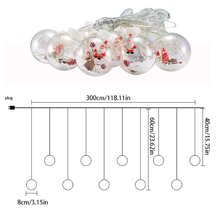 Instalatie de Lumini Tip Perdea LED, SUPER TRENDS®,  Decor pe Lungime de 3 M, 10 Globuri Luminoase cu Figurina Mos Craciun, Lumina Alba Calda [9]