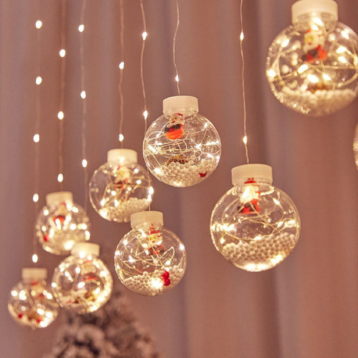 Instalatie de Lumini Tip Perdea LED, SUPER TRENDS®,  Decor pe Lungime de 3 M, 10 Globuri Luminoase cu Figurina Mos Craciun, Lumina Alba Calda [4]