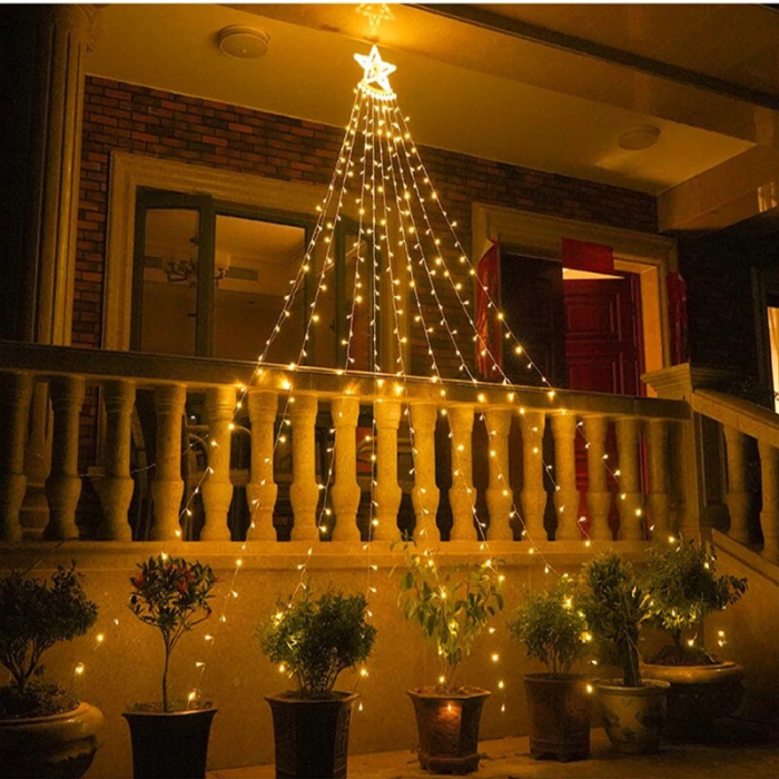 Instalatie Lumini Craciun Tip Perdea SUPER TRENDS®, cu 350 LED-uri, Multicolora, 8 Moduri de Iluminare, cu Telecomanda, cu Stea si 9 Fire, pentru Brad, IP67, Lungime 3,5 m [7]