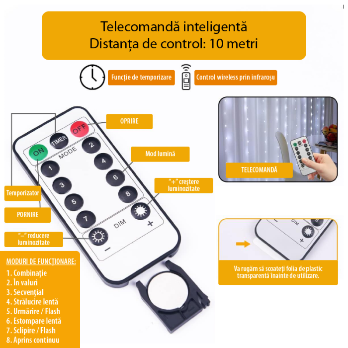 Instalatie Tip Perdea Lumini LED 3x3 m  SUPER TRENDS®, 300 LED-uri, Control USB si Telecomanda, 8 Moduri de Iluminare, Pentru Craciun, Decor si Petreceri, Alb Cald [8]