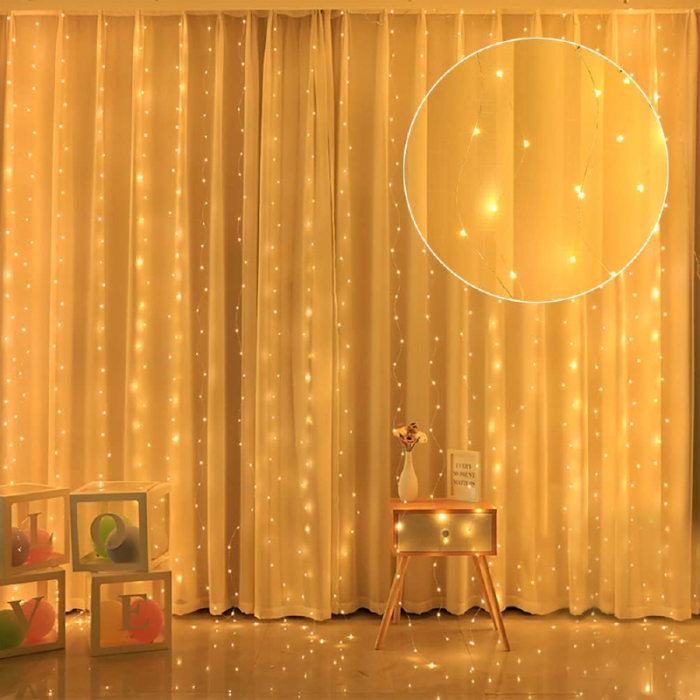 Instalatie Tip Perdea Lumini LED 3x3 m  SUPER TRENDS®, 300 LED-uri, Control USB si Telecomanda, 8 Moduri de Iluminare, Pentru Craciun, Decor si Petreceri, Alb Cald [4]