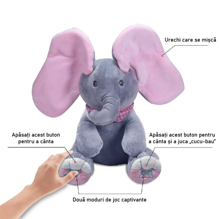 Jucarie Interactiva Muzicala Elefant de Plus pentru Copii 2+ SUPER TRENDS®, Canta Cucu-Bau, cu Urechi Miscatoare, Animal de Plus Moale, 30 cm [4]