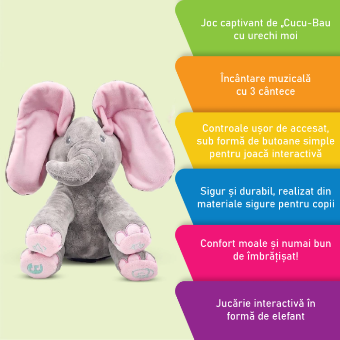 Jucarie Interactiva Muzicala Elefant de Plus pentru Copii 2+ SUPER TRENDS®, Canta Cucu-Bau, cu Urechi Miscatoare, Animal de Plus Moale, 30 cm [6]